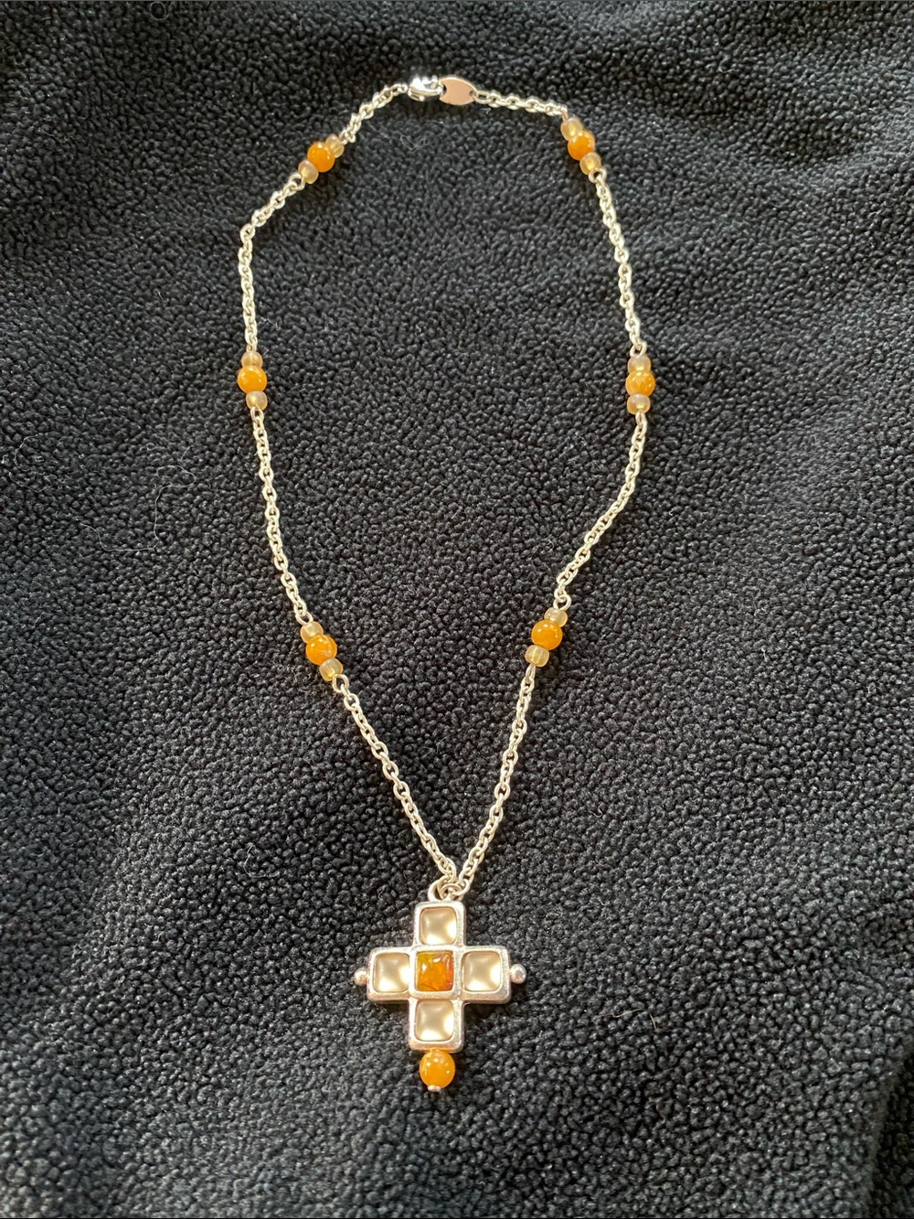 Silver Necklace Cross Pendent with Orange Beads